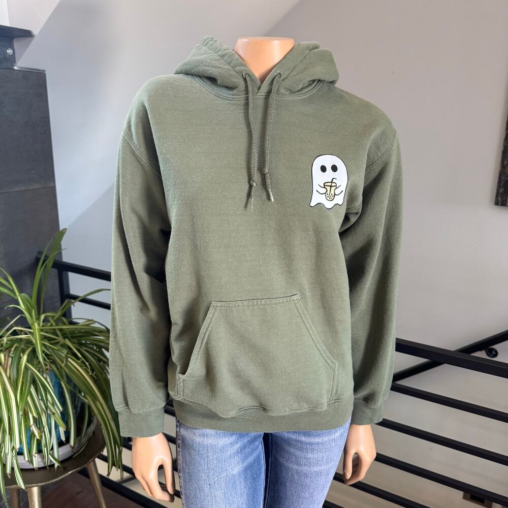 Spooky Season Boba Ghost Hoodie Olive Green Small Cute Coquette Fall Halloween - Picture 3 of 10
